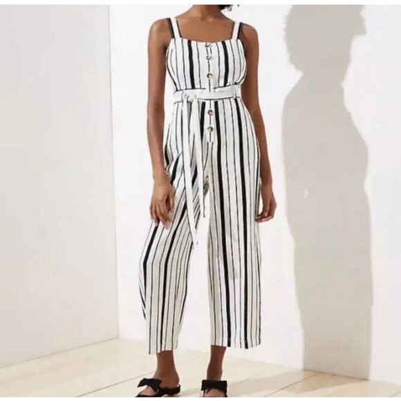 LOFT Pants - LOFT Women’s Size 6 Black Striped Jumpsuit Linen Blend Belted Button Front Chic
